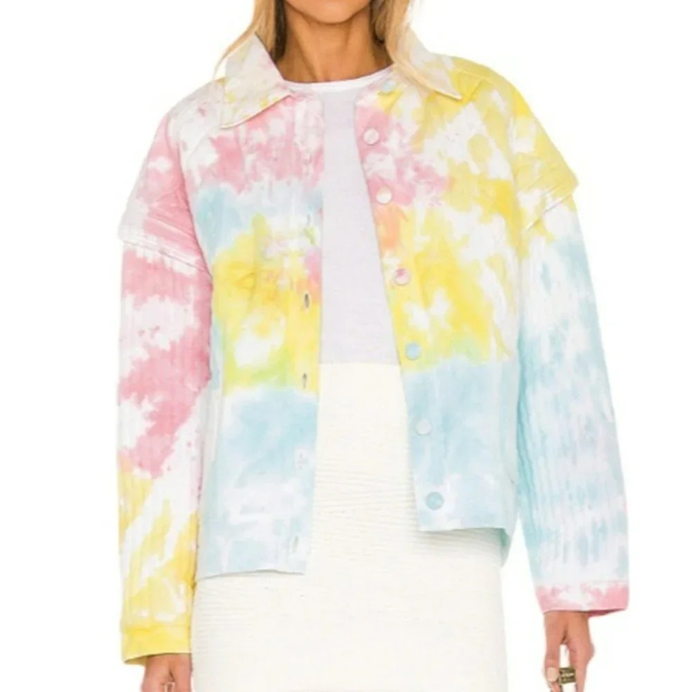 NEW LoveShackFancy Adelade Quilted Denim Colorful Pastel Preppy Jean Jacket S